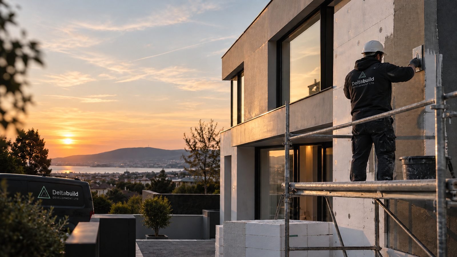 Deltabuild installer embedding reinforcing mesh into the basecoat of an external wall insulation system at sunset