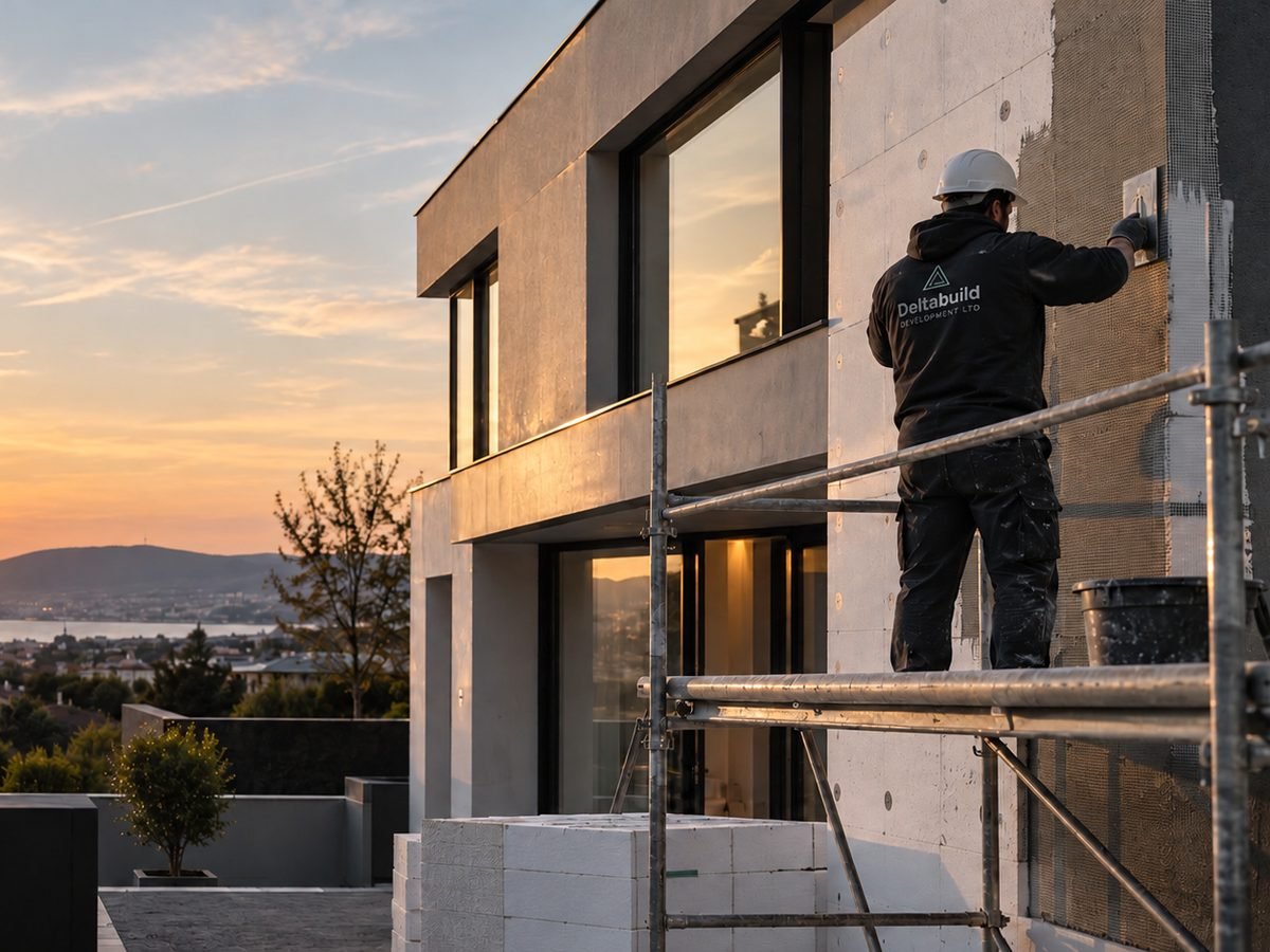 Deltabuild installer embedding reinforcing mesh into the basecoat of an external wall insulation system